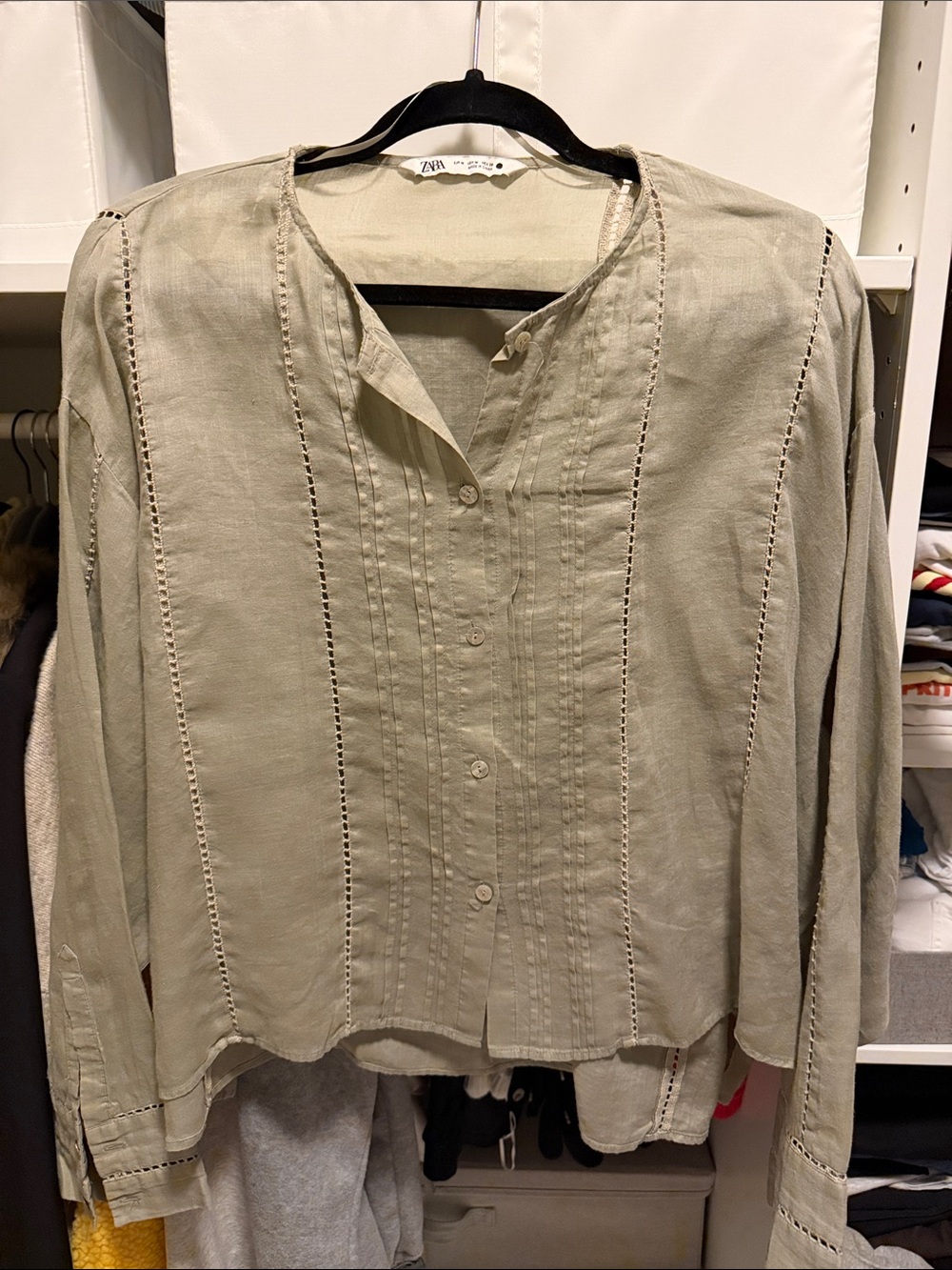 Zara Light Sage Pintuck Button-Down Blouse